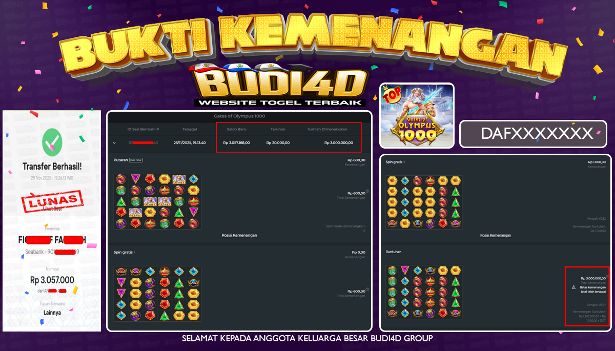 BUDI4D JACKPOT USER ID : DAF*** SLOT PRAGMATIC PLAY ( Gates of Olympus 1000 ) Rp.3.057.000,- LUNAS