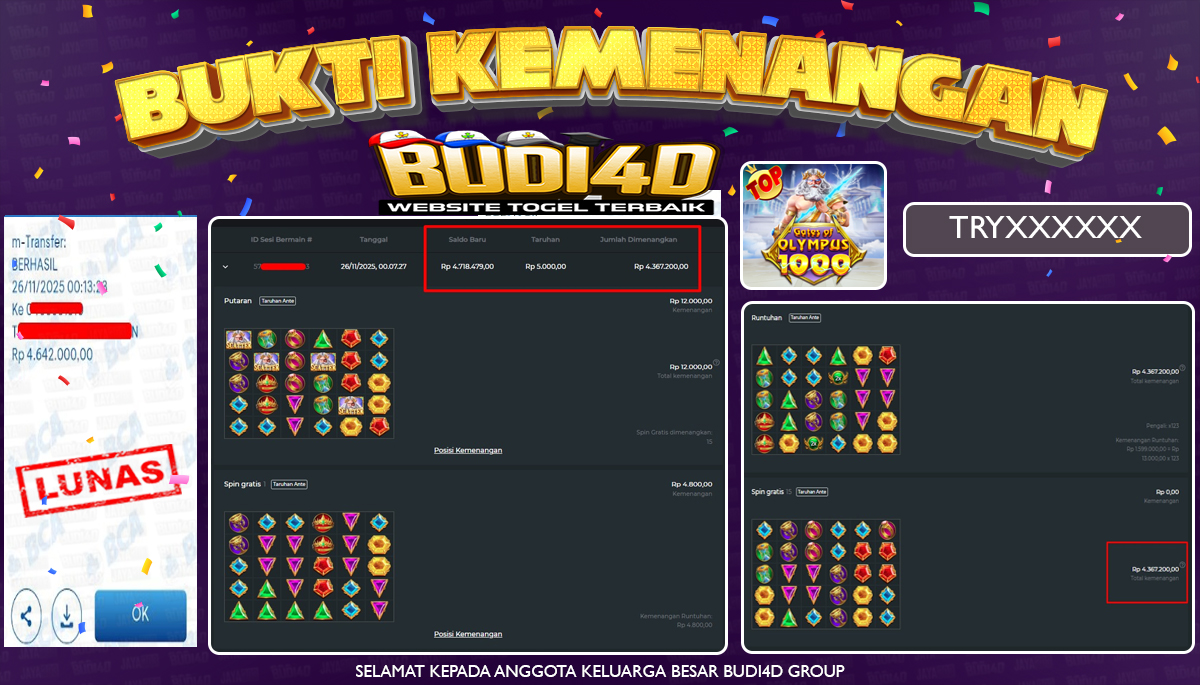 ID PENGGUNA JACKPOT BUDI4D : TRY*** SLOT PRAGMATIC PLAY ( Gates of Olympus 1000 ) Rp.4.642.000,- LUNAS