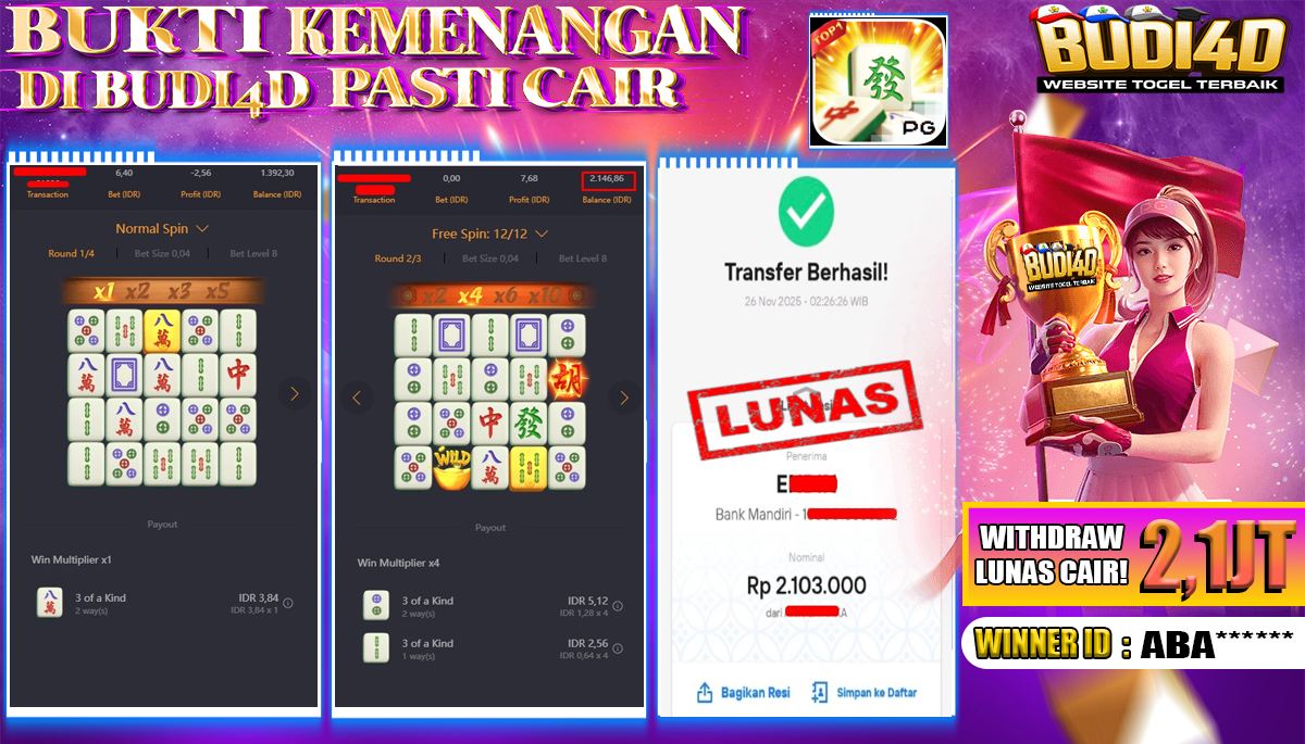 BUDI4D JACKPOT USER ID : ABA*** SLOT PG SOFT ( MAHJONG WAYS ) Rp.2.103.000,- LUNAS	