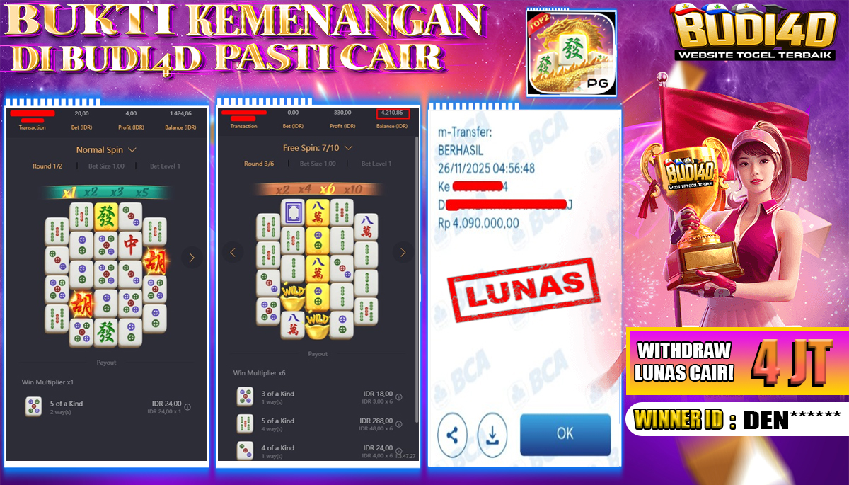 BUDI4D JACKPOT USER ID : DEN*** SLOT PG SOFT ( MAHJONG WAYS 2 ) Rp.4.090.000,- LUNAS	