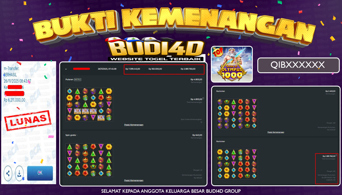 ID PENGGUNA JACKPOT BUDI4D : QIB*** SLOT PRAGMATIC PLAY ( Gates of Olympus 1000 ) Rp.6.211.000,- LUNAS	