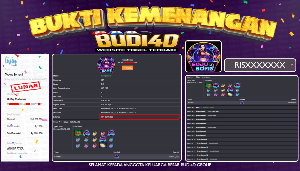 BUDI4D JACKPOT USER ID : RIS*** SLOT HABANERO ( SOJU BOMB ) Rp.2.200.000,- LUNAS