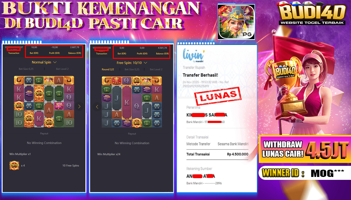 BUDI4D JACKPOT USER ID : MOG*** SLOT PG SOFT ( TREASURES OF AZTEC ) Rp.4.500.000,- LUNAS