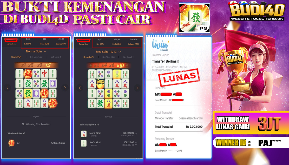 BUDI4D JACKPOT USER ID : PAJ*** SLOT PG SOFT ( MAHJONG WAYS ) Rp.3.003.000,- LUNAS