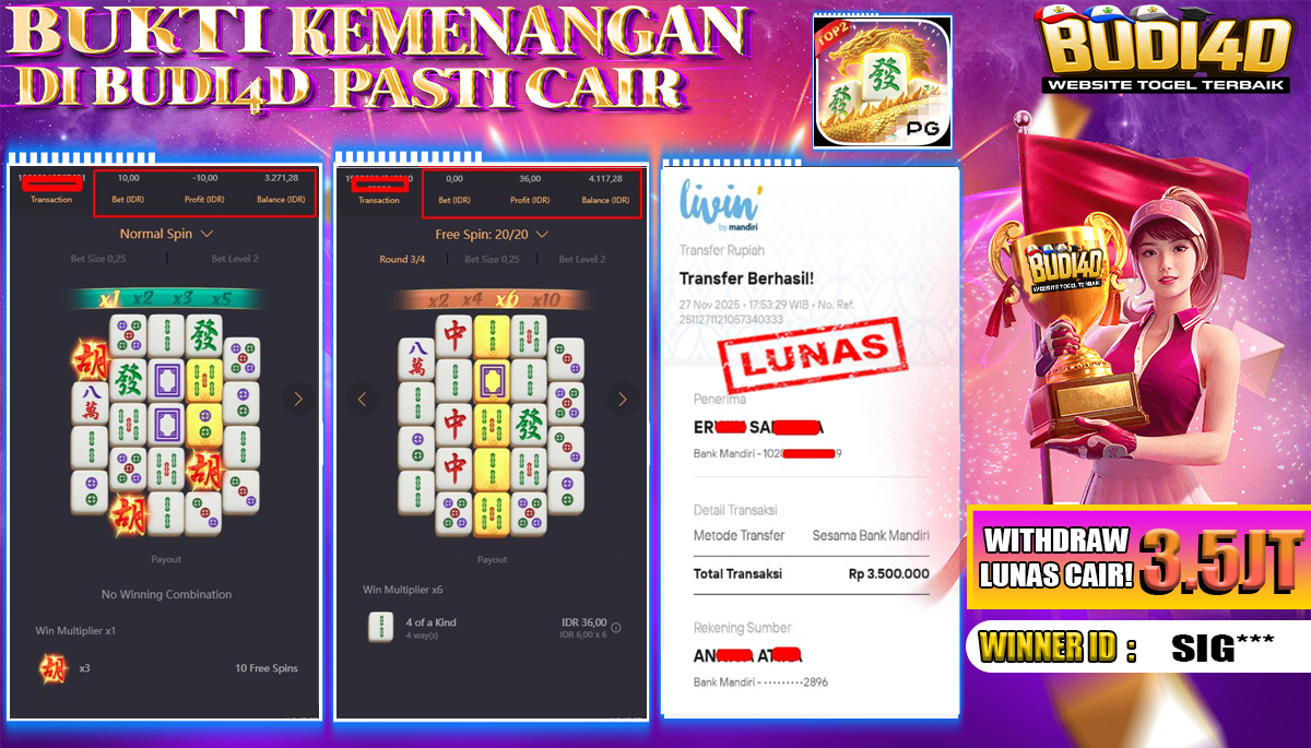 BUDI4D JACKPOT USER ID : SIG*** SLOT PG SOFT ( MAHJONG WAYS 2 ) Rp.3.500.000,- LUNAS