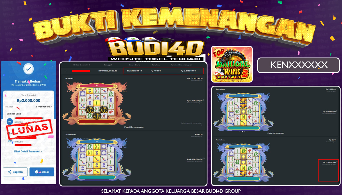 ID PENGGUNA JACKPOT BUDI4D : KEN*** SLOT PRAGMATIC PLAY ( Mahjong Wins 3 - Black Scatter  ) Rp.2.000.000,- LUNAS	