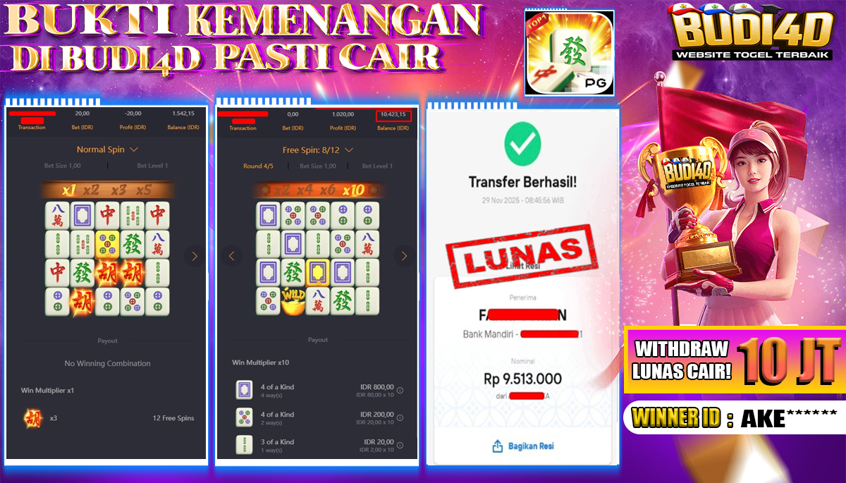 BUDI4D JACKPOT USER ID : AKE*** SLOT PG SOFT (MAHJONG WAYS  ) Rp.10.570.000,- LUNAS	