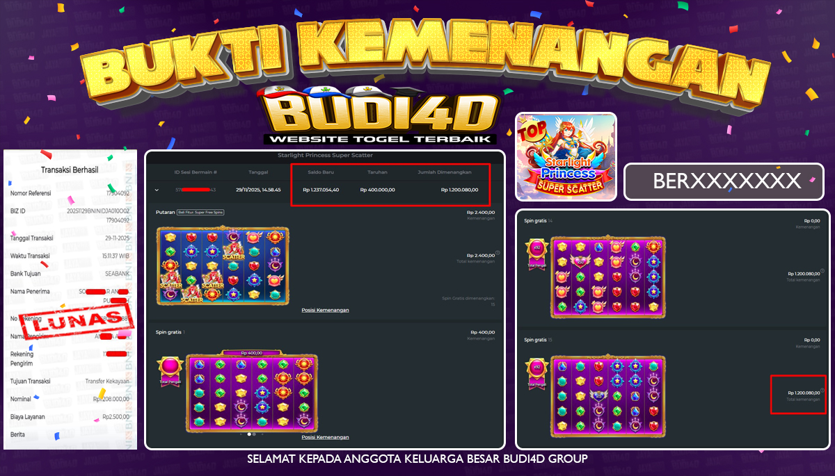 BUDI4D JACKPOT USER ID : BER*** SLOT PRAGMATIC PLAY ( Starlight Princess Super Scatter ) Rp.1.206.000,- LUNAS