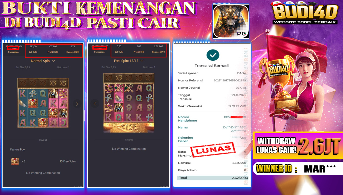 BUDI4D JACKPOT USER ID : MAR*** SLOT PG SOFT ( ANUBIS WRATH ) Rp.2.625.000,- LUNAS
