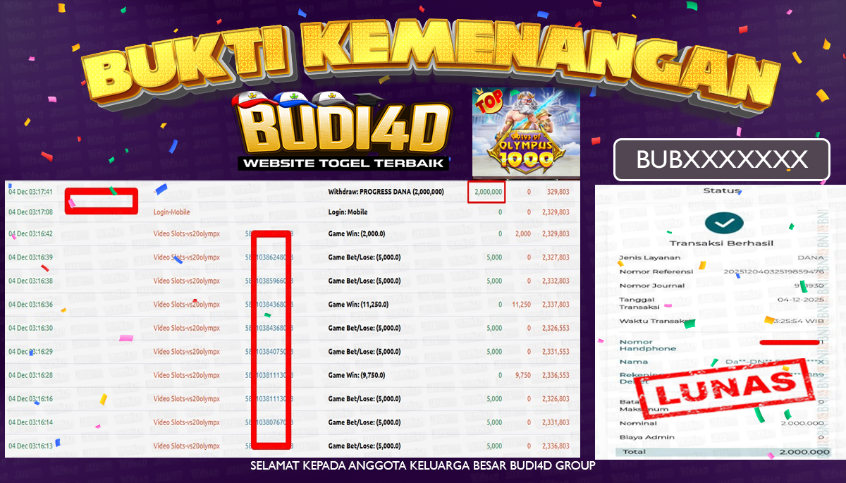 BUDI4D JACKPOT USER ID : BUB*** SLOT  PRAGMATIC PLAY ( Gates of Olympus 1000 ) Rp.2.000.000,- LUNAS