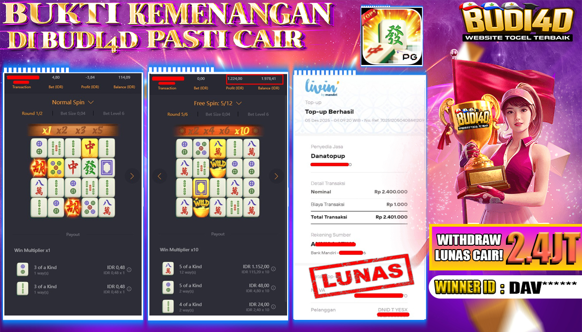 BUDI4D JACKPOT USER ID : DAV*** SLOT PG SOFT ( MAHJONG WAYS  ) Rp.2.400.000,- LUNAS