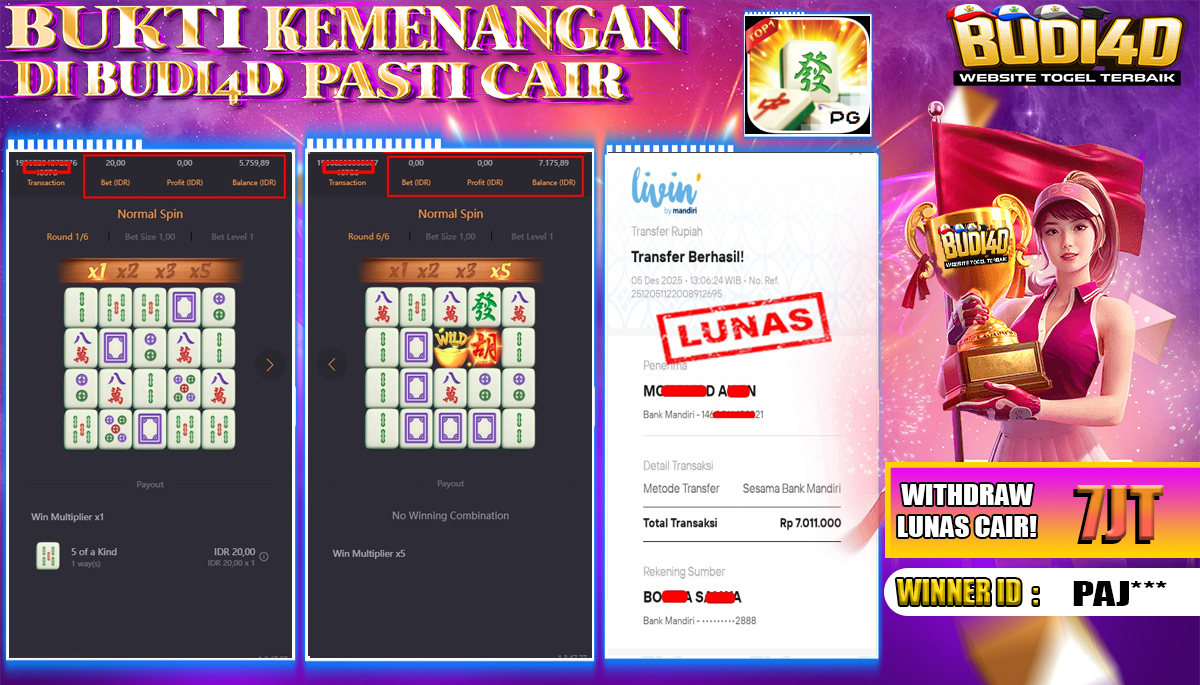 BUDI4D JACKPOT USER ID : PAJ*** SLOT PG SOFT ( MAHJONG WAYS ) Rp.7.011.000,- LUNAS