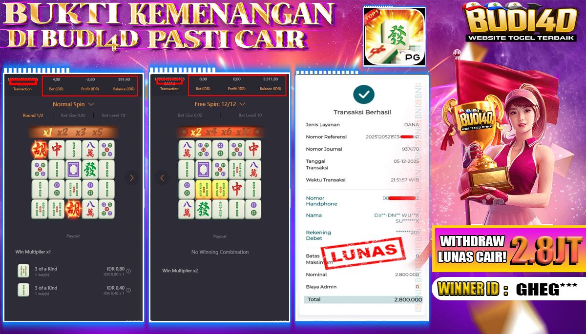 BUDI4D JACKPOT USER ID : GHEG*** SLOT PG SOFT ( MAHJONG WAYS ) Rp.2.800.000,- LUNAS