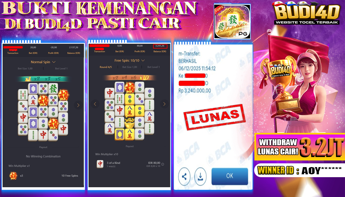 BUDI4D JACKPOT USER ID : AOY*** SLOT PG SOFT ( MAHJONG WAYS 2 ) Rp.3.240.000,- LUNAS