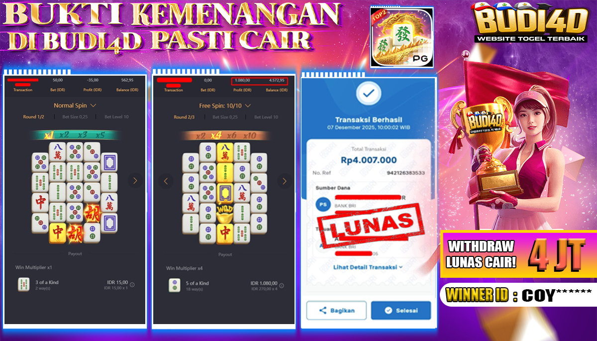 ID PENGGUNA JACKPOT BUDI4D: COY*** SLOT PG SOFT ( MAHJONG WAYS 2 ) Rp.4.007.000,- LUNAS