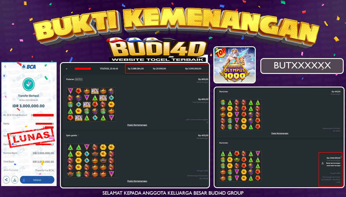 ID PENGGUNA JACKPOT BUDI4D : BUT*** SLOT PRAGMATIC PLAY ( Gates of Olympus 1000 ) Rp.3.000.000,- LUNAS
