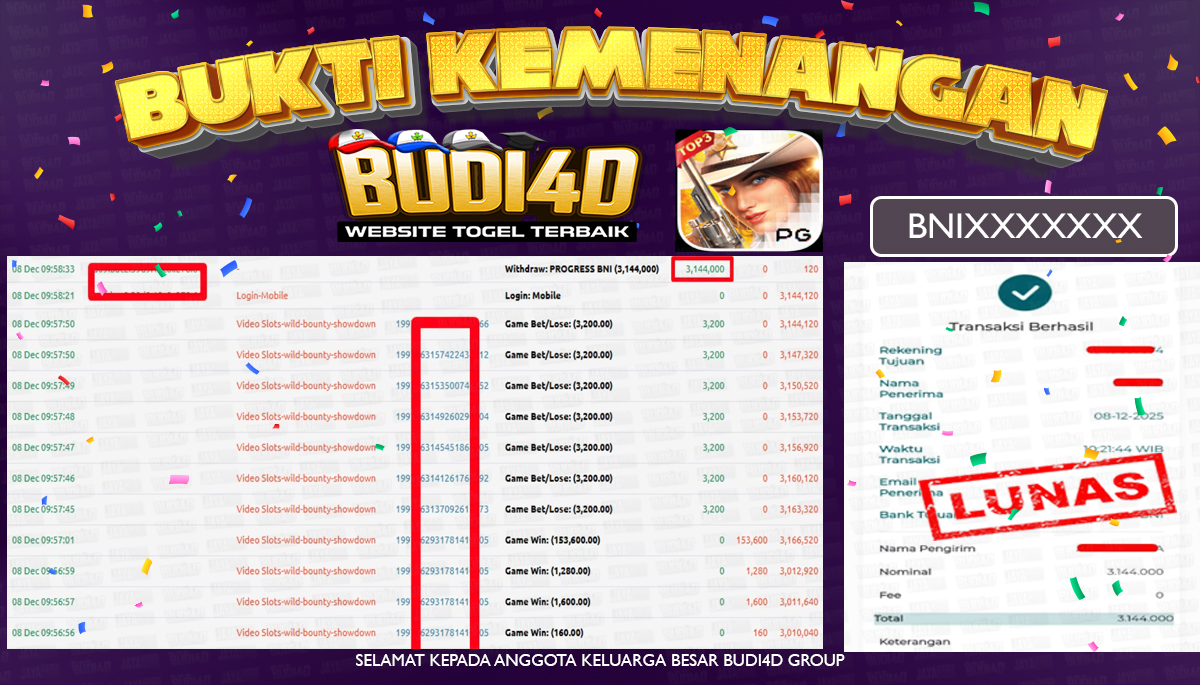 ID PENGGUNA JACKPOT BUDI4D: BNI*** SLOT PG SOFT (WILD BOUNTY SHOWDOWN ) Rp.3.144.000,- LUNAS