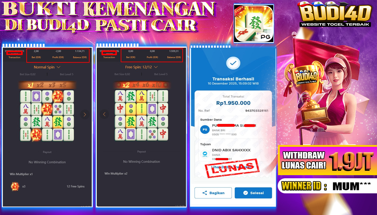 BUDI4D JACKPOT USER ID : MUM*** SLOT PG SOFT ( MAHJONG WAYS ) Rp.1.950.000,- LUNAS