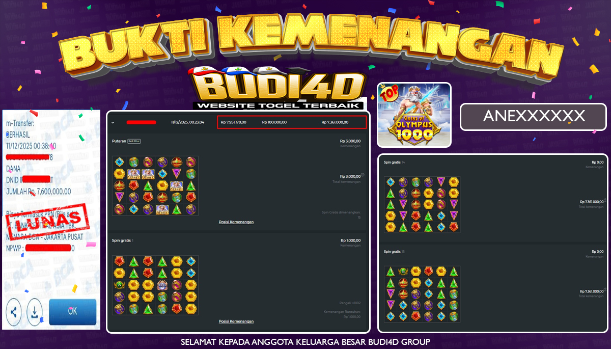 BUDI4D JACKPOT USER ID : ANE*** SLOT PG PRAGMATIC PLAY ( Gates of Olympus 1000 ) Rp.7.600.000,- LUNAS