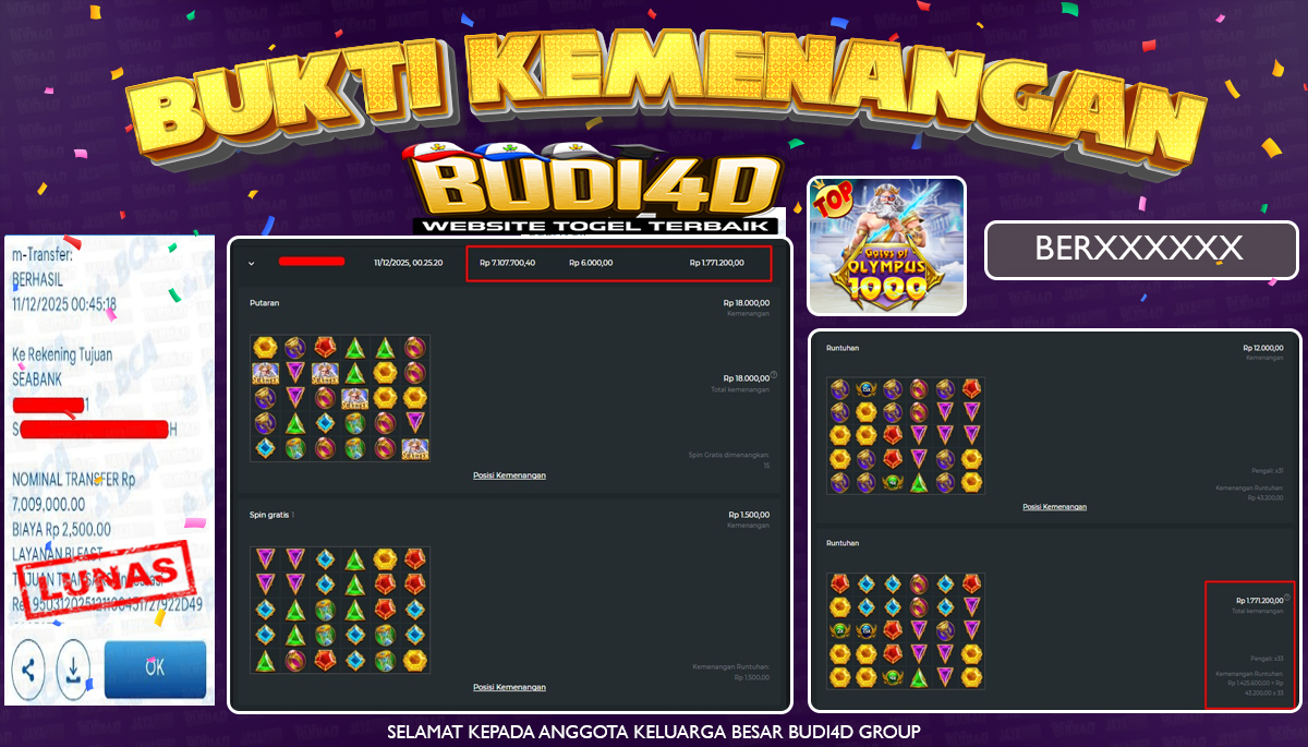 BUDI4D JACKPOT USER ID : BER*** SLOT PG PRAGMATIC PLAY ( Gates of Olympus 1000 ) Rp.7.009.000,- LUNAS